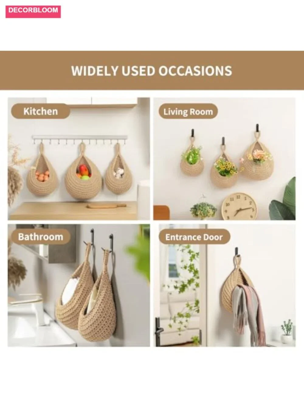 Boho Cotton Rope Hanging Fruit Baskets 3-Pack with Hooks Kitchen Storage